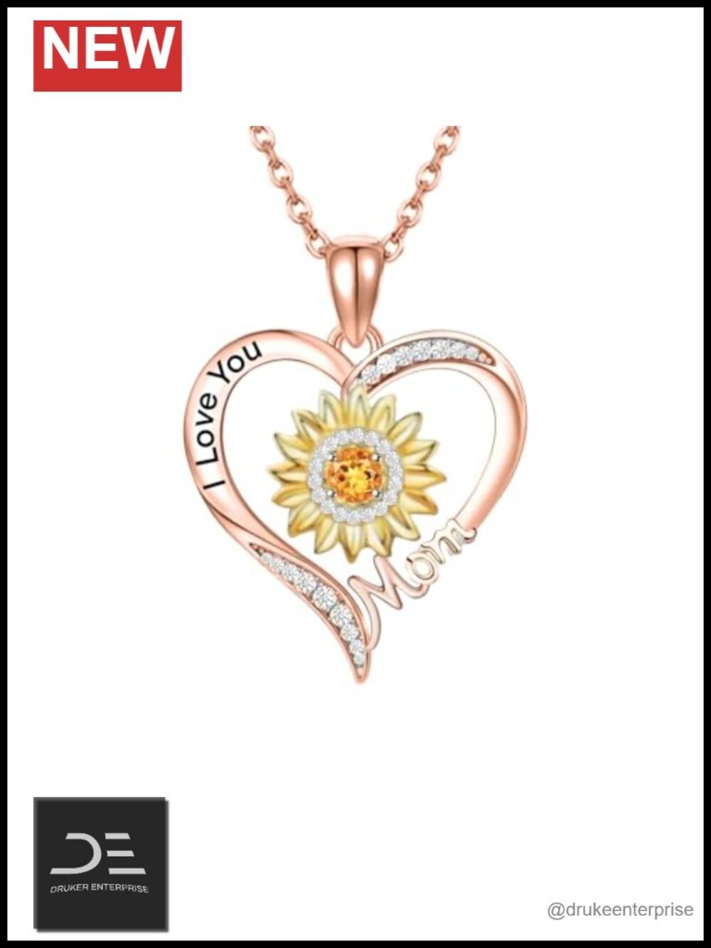 18K Rose Gold Plated Sunflower Heart Pendant Necklace Mom Gift